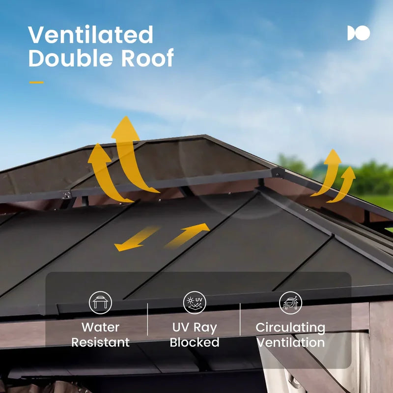 12' x 14' Alps Hardtop Gazebo with Double Roof, Aluminum Frame, Curtain & Netting