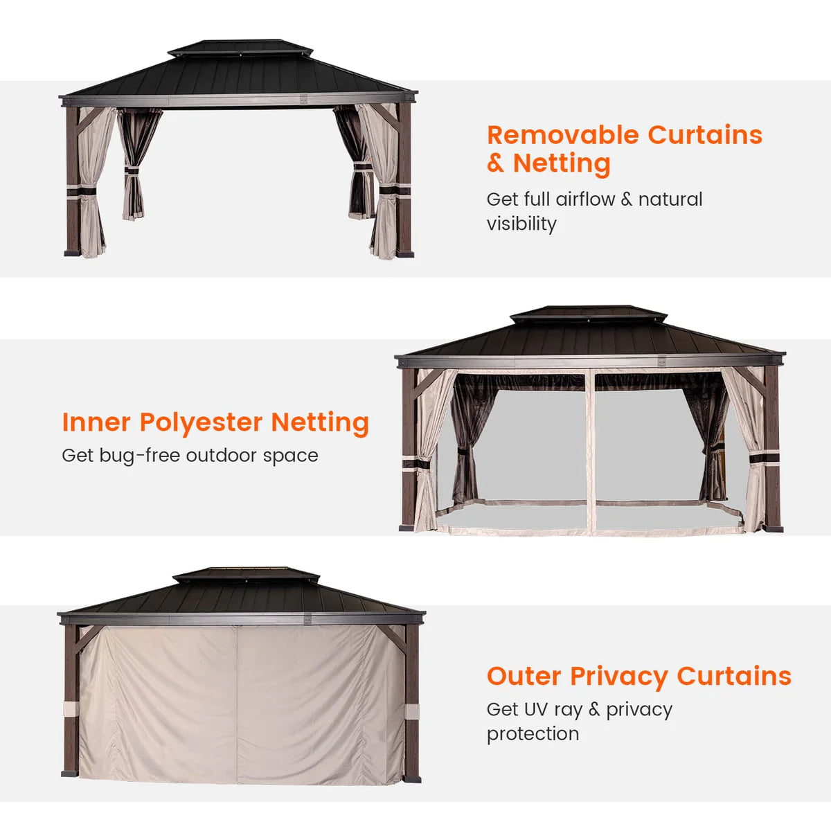 12' x 16' Alps Hardtop Gazebo with Double Roof, Aluminum Frame, Curtains & Netting
