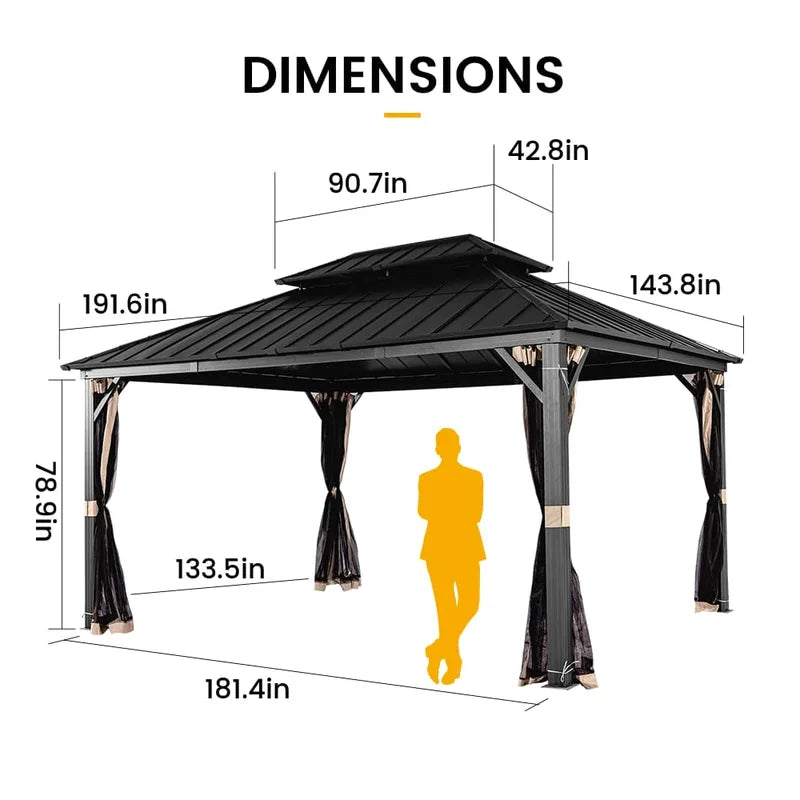 12' x 16' Andes Hardtop Gazebo with Double Roof & Netting