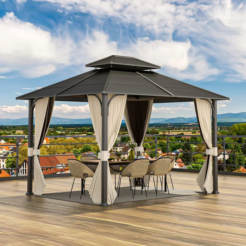 10' x 12' Andes Hardtop Gazebo with 2-Tier Ventilated Roof,Curtain & Netting